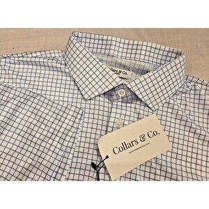 NWT Collars & Co. Men’s L Thin Blue Check Dress Collar Polo Shirt Semi Spread